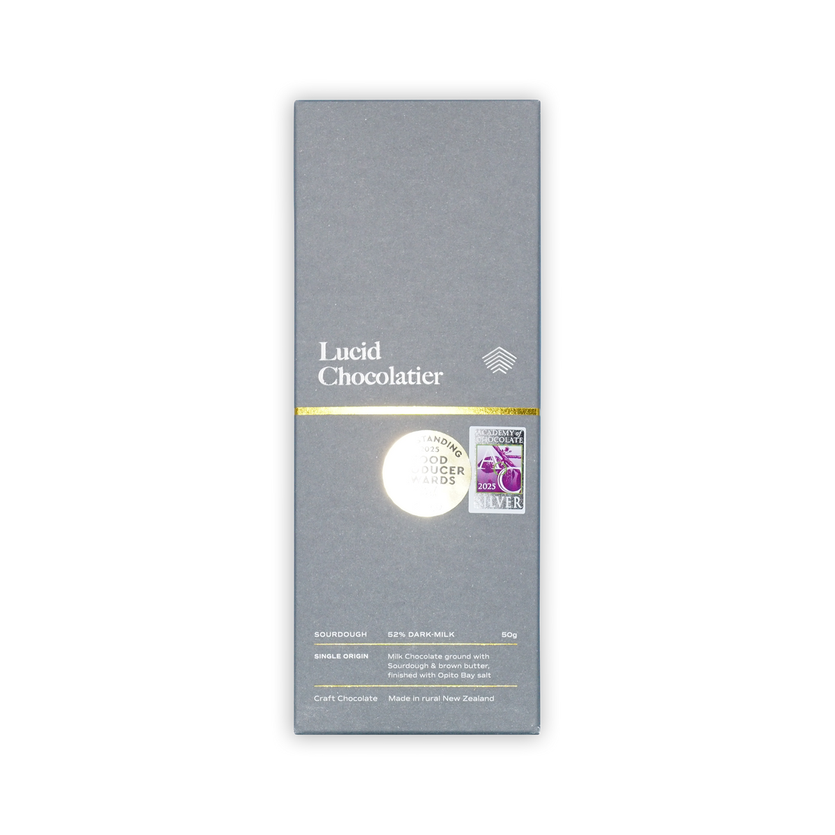 A grey box of Lucid Chocolatier Sourdough 52% dark milk chocolate centered on a black background.
