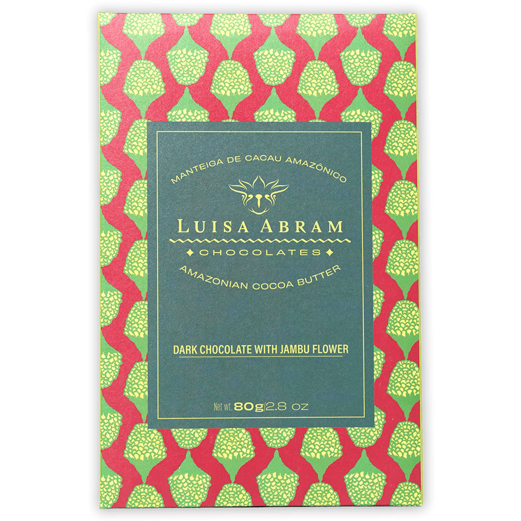 Luisa Abram 70% dark chocolate bar with jambu flower in red green box