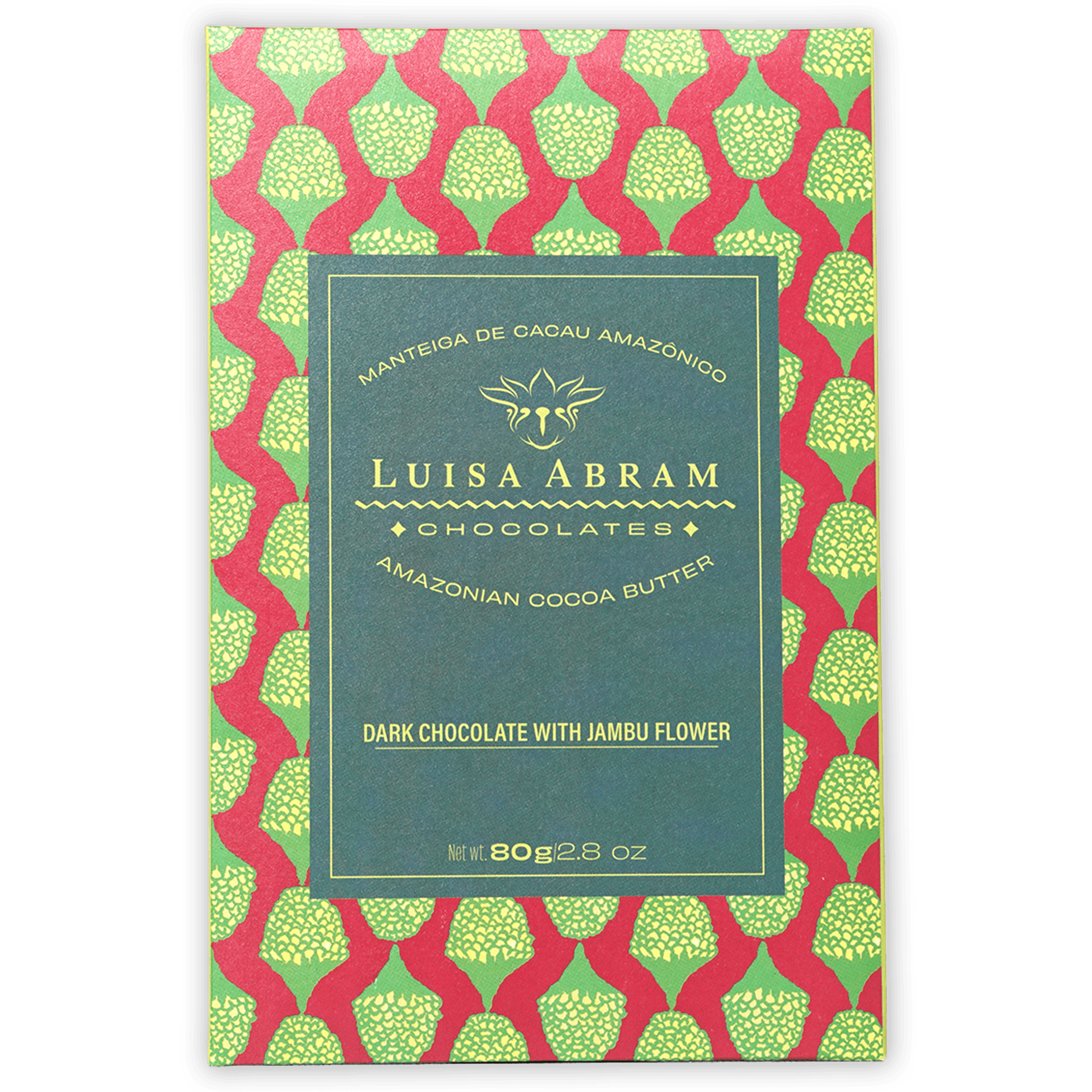 Luisa Abram 70% dark chocolate bar with jambu flower in red green box