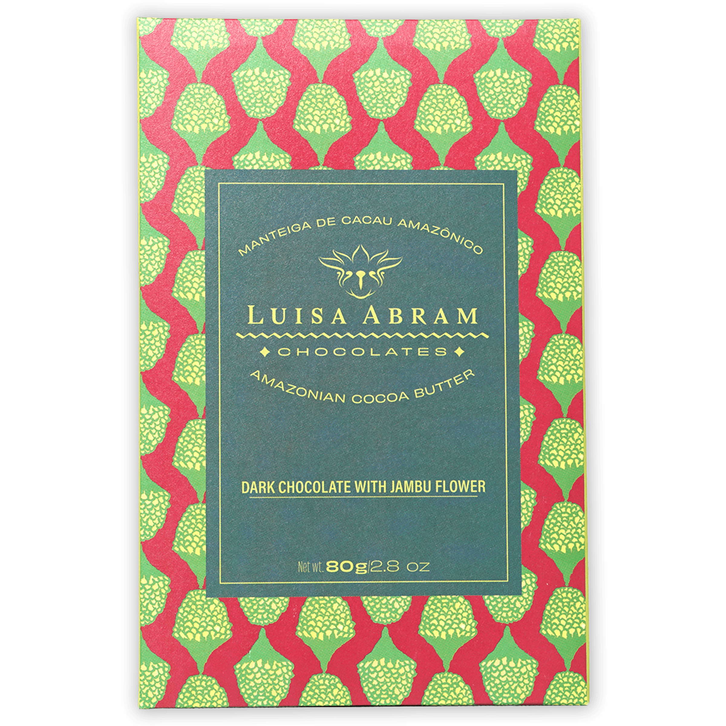Luisa Abram 70% dark chocolate bar with jambu flower in red green box