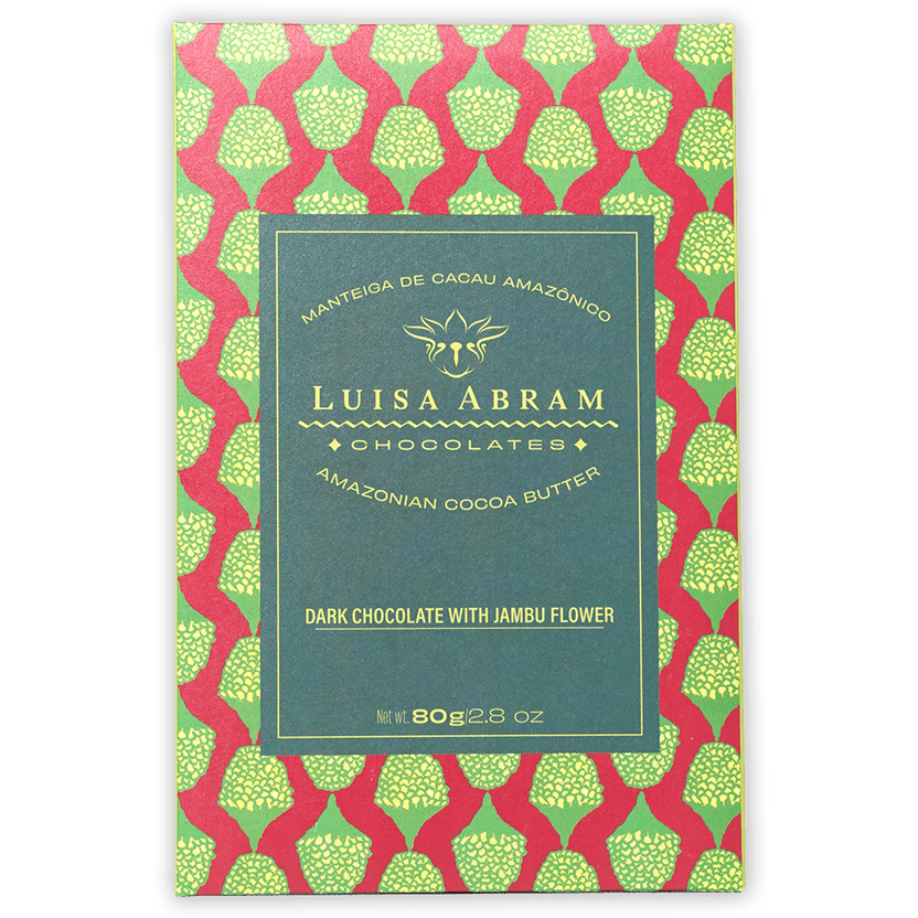 Luisa Abram 70% dark chocolate bar with jambu flower in red green box