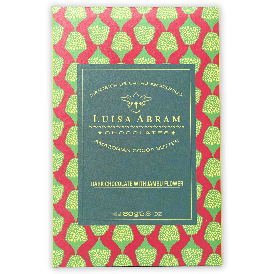 Luisa Abram 70% dark chocolate bar with jambu flower in red green box