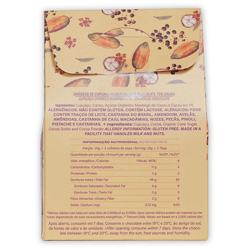 Beige Luisa Abram Dragees wrapper with cocoa pods, flowers, seeds pattern