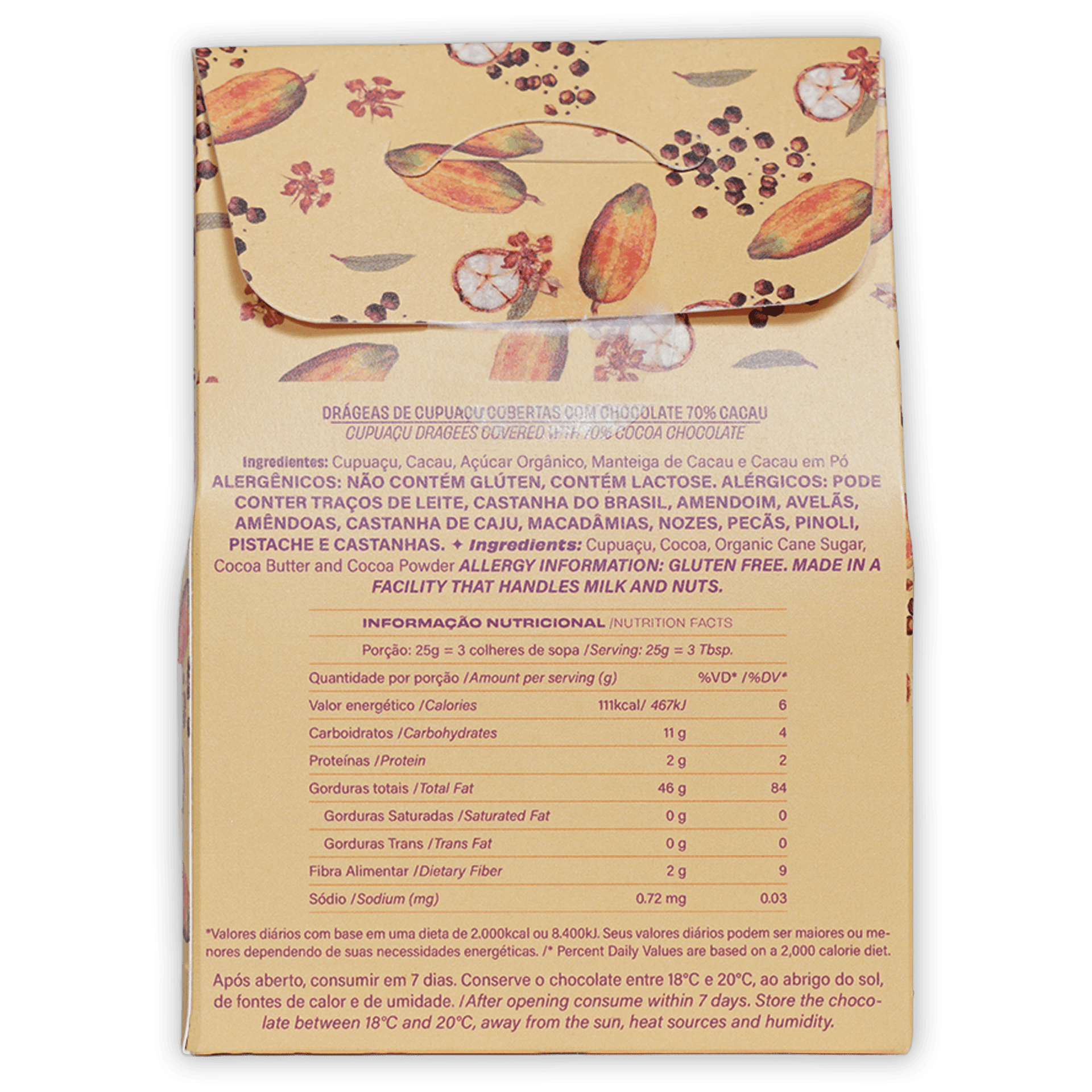 Beige Luisa Abram Dragees wrapper with cocoa pods, flowers, seeds pattern
