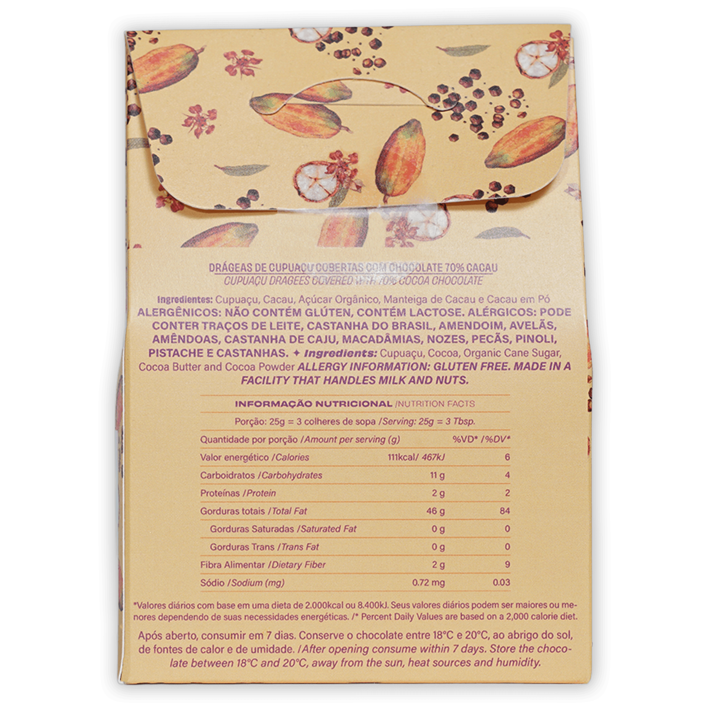 Beige Luisa Abram Dragees wrapper with cocoa pods, flowers, seeds pattern