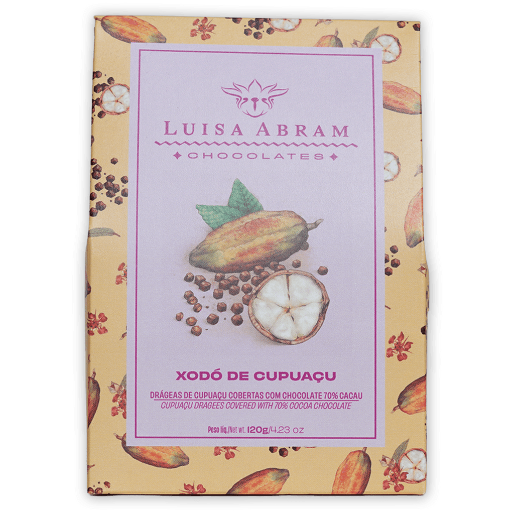 Luisa Abram dragees: dark chocolate-covered cupuaçu fruit 70% in yellow-pink package