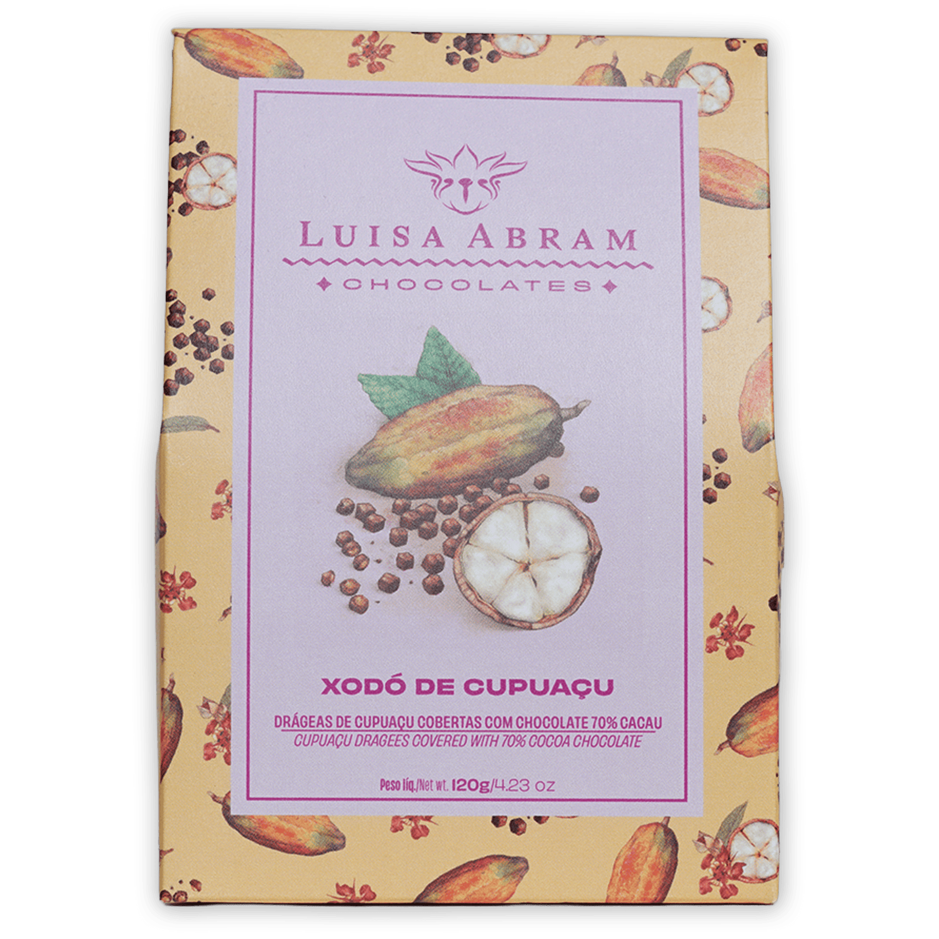 Luisa Abram dragees: dark chocolate-covered cupuaçu fruit 70% in yellow-pink package