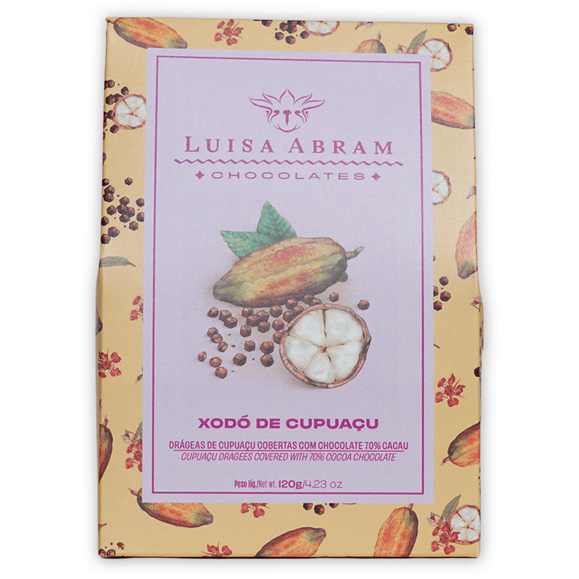 Luisa Abram dragees: dark chocolate-covered cupuaçu fruit 70% in yellow-pink package