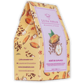 Yellow paper gift box with cocoa pod pattern, pink Luisa Abram label, cupuaçu fruit image