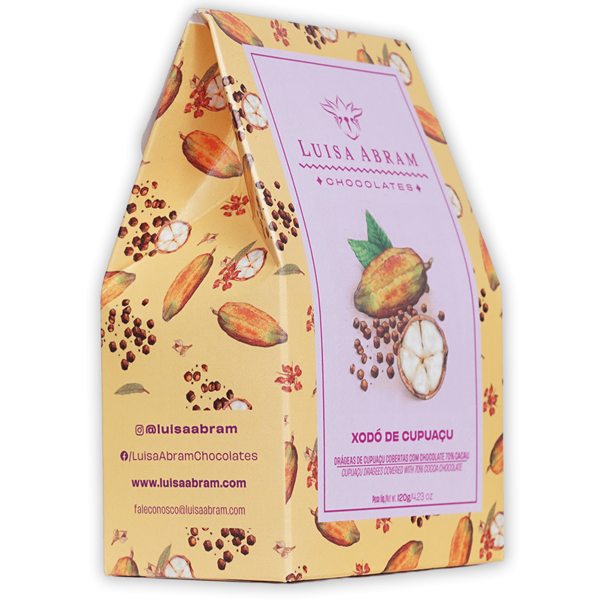 Yellow paper gift box with cocoa pod pattern, pink Luisa Abram label, cupuaçu fruit image