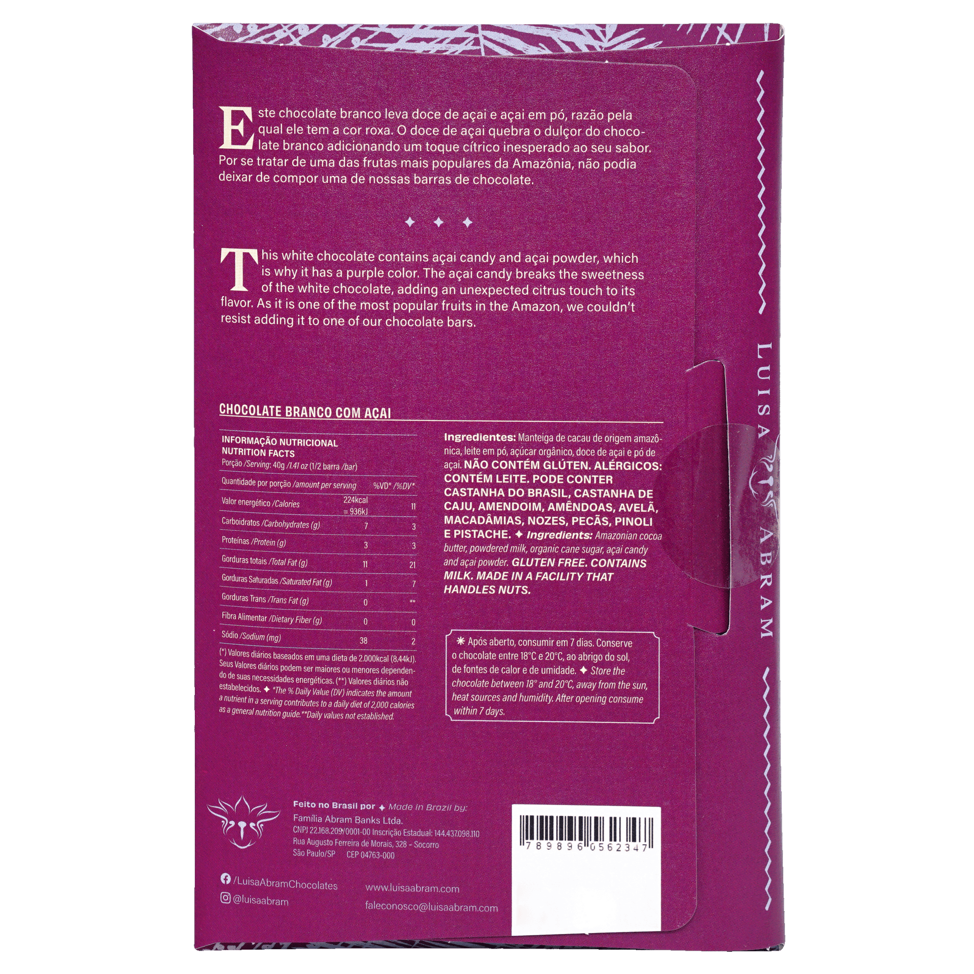 Luisa Abram white chocolate with acai berry wrapper, purple with barcode