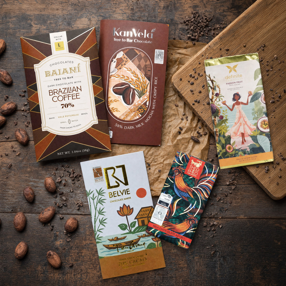 Made at Origin Anything Goes chocolate gift bundle, craft bars with cacao beans.