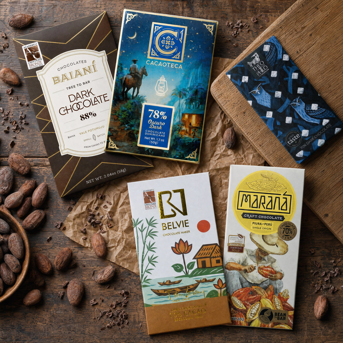 Made at Origin dark chocolate gift bundle, craft bars with cacao beans.