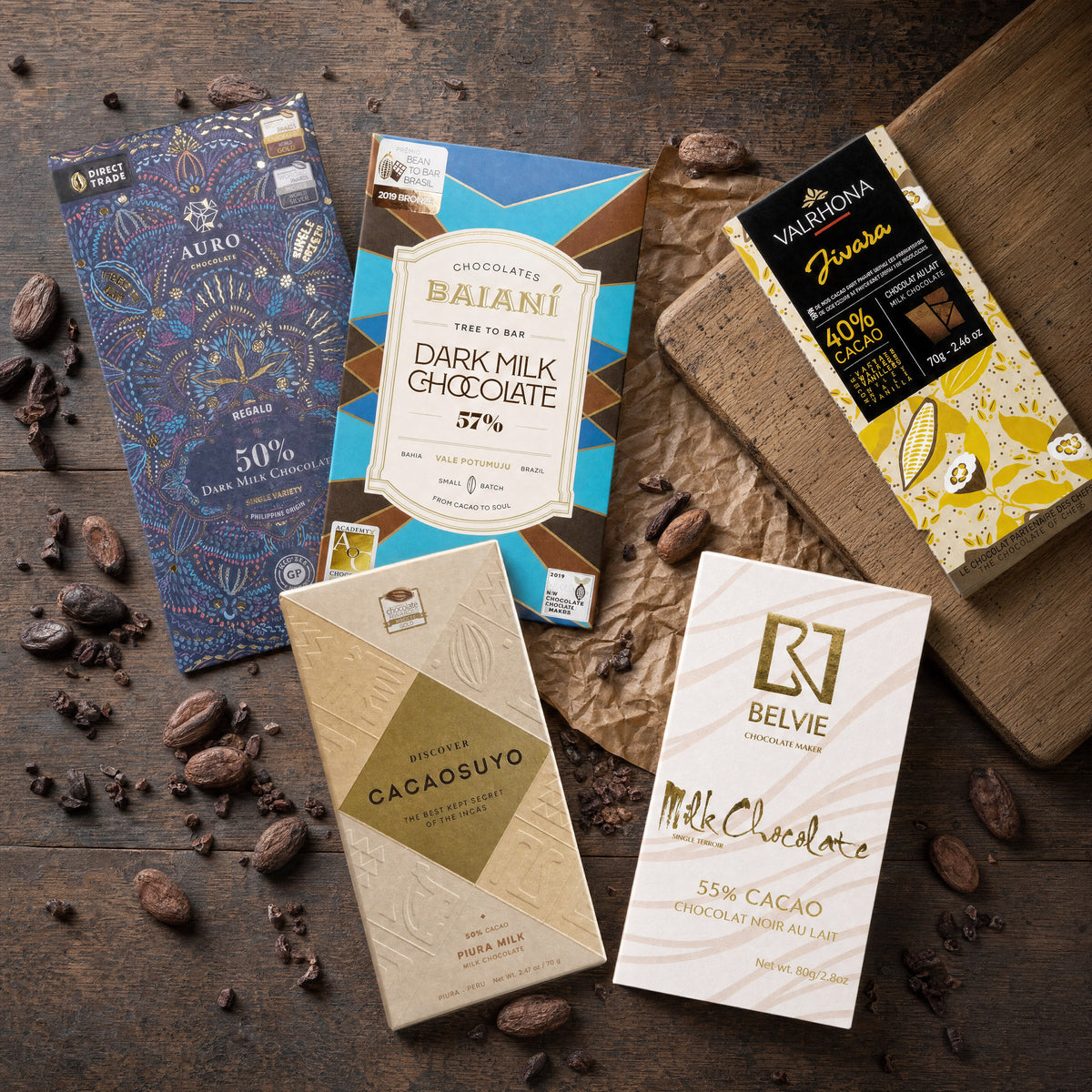 Made at Origin milk chocolate gift bundle, craft bars with cacao beans.