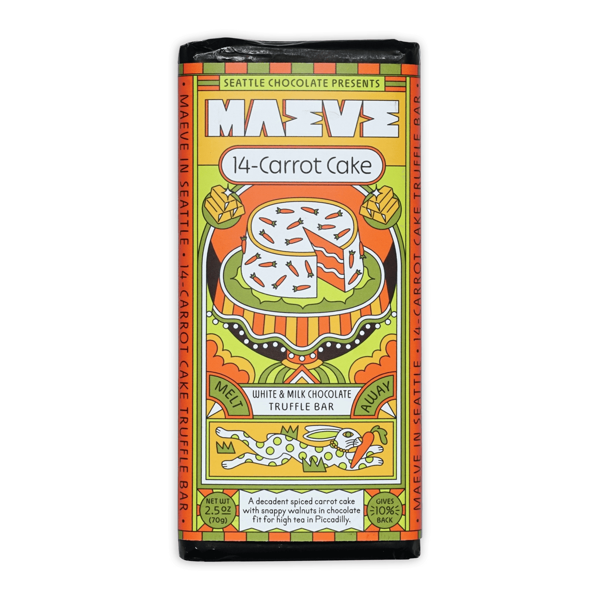 Vibrant Maeve 14-Carrot Cake Truffle Bar wrapper illustration