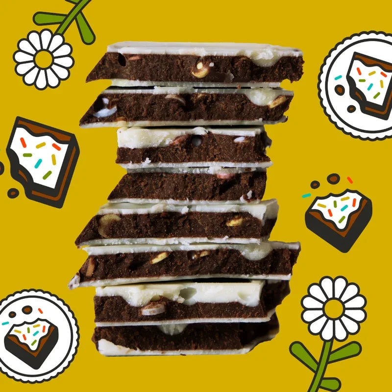 Maeve Block Party Brownie dark chocolate bark with white drizzle and nuts