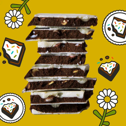 Maeve Block Party Brownie dark chocolate bark with white drizzle and nuts
