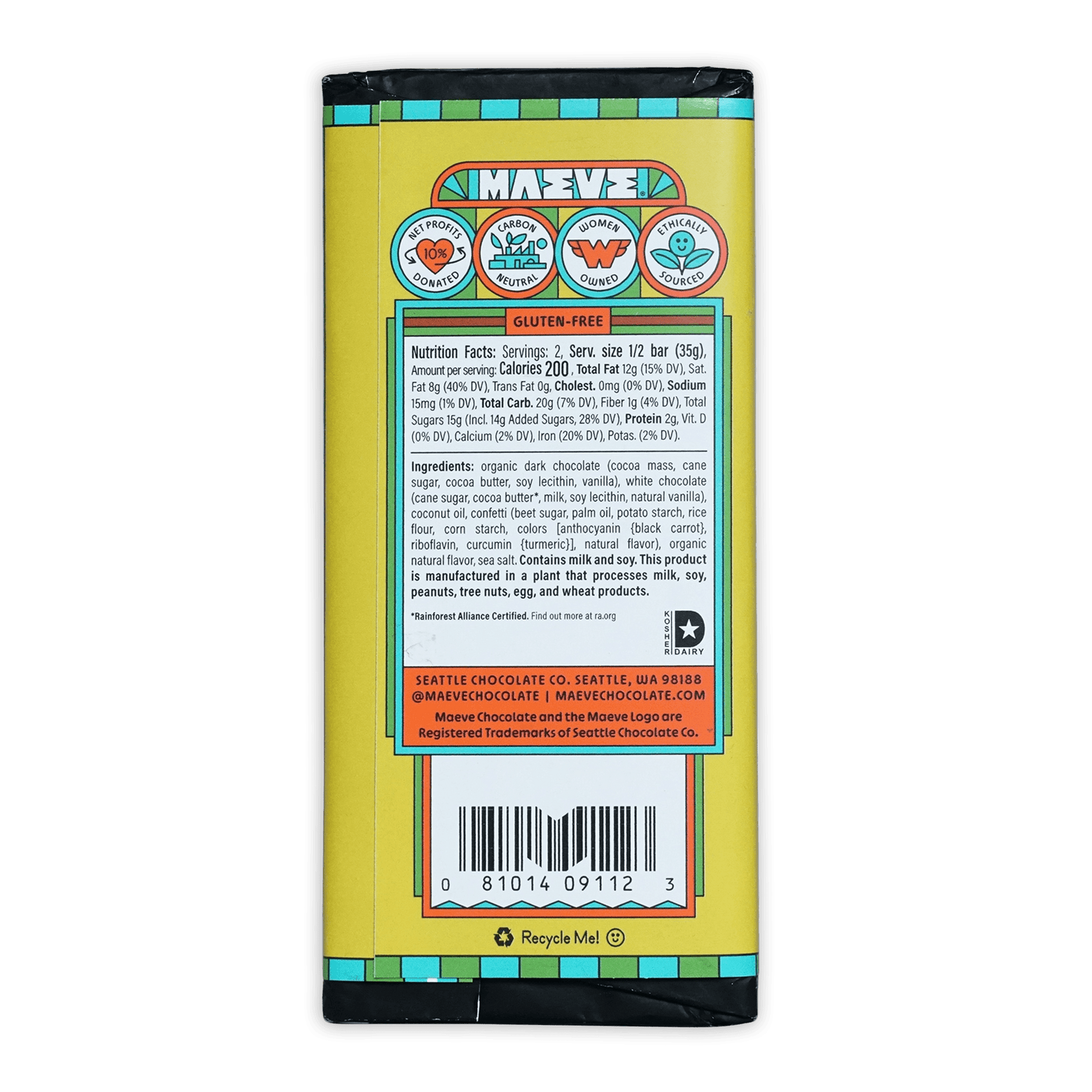 Maeve Block Party Brownie Dark & White Truffle Bar wrapper back with ingredients