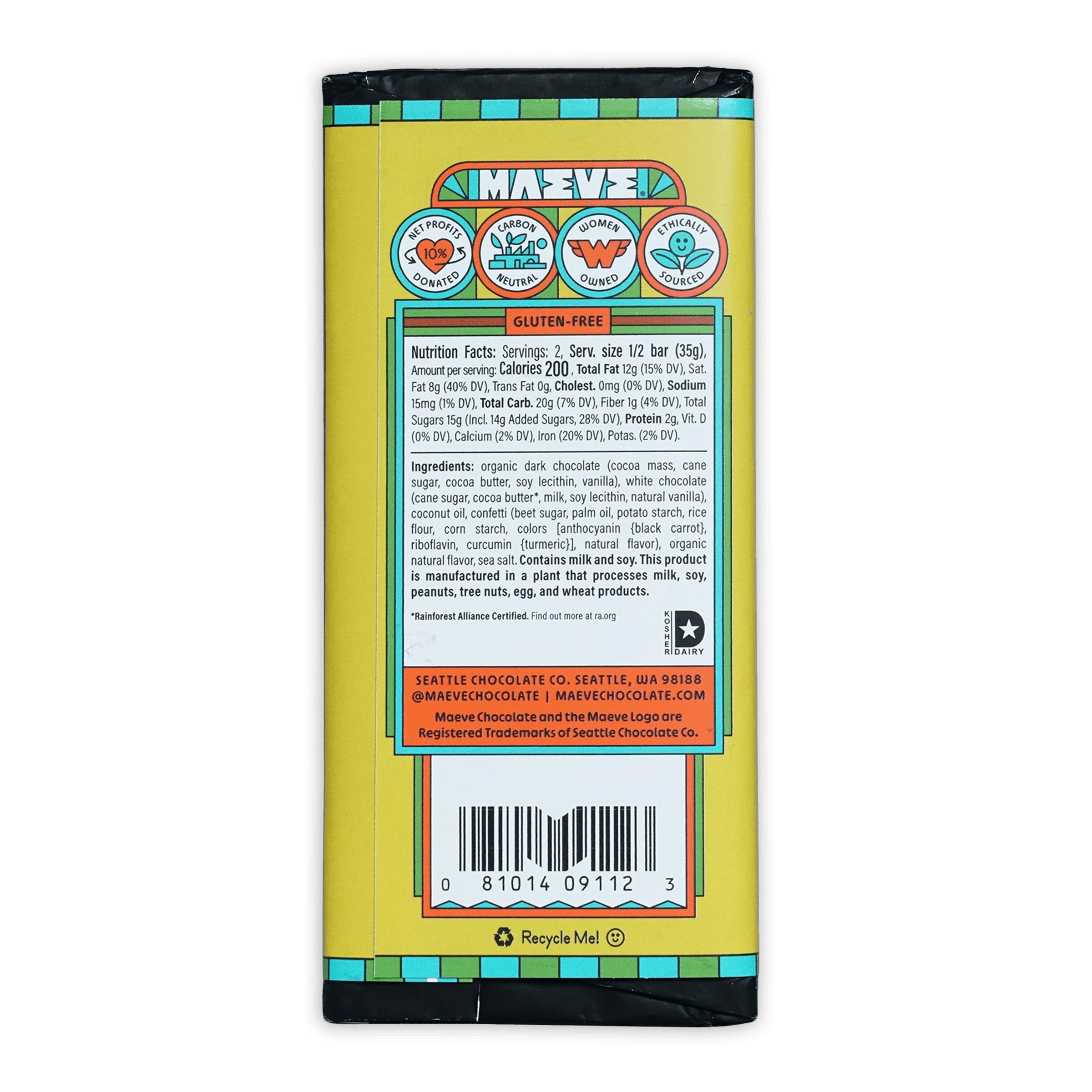 Maeve Block Party Brownie Dark & White Truffle Bar wrapper back with ingredients