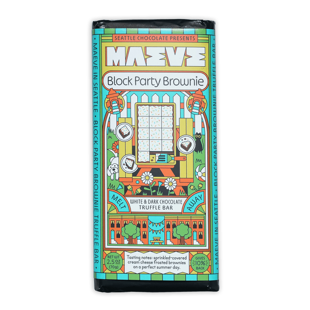 Maeve Block Party Brownie Truffle Bar wrapper illustration