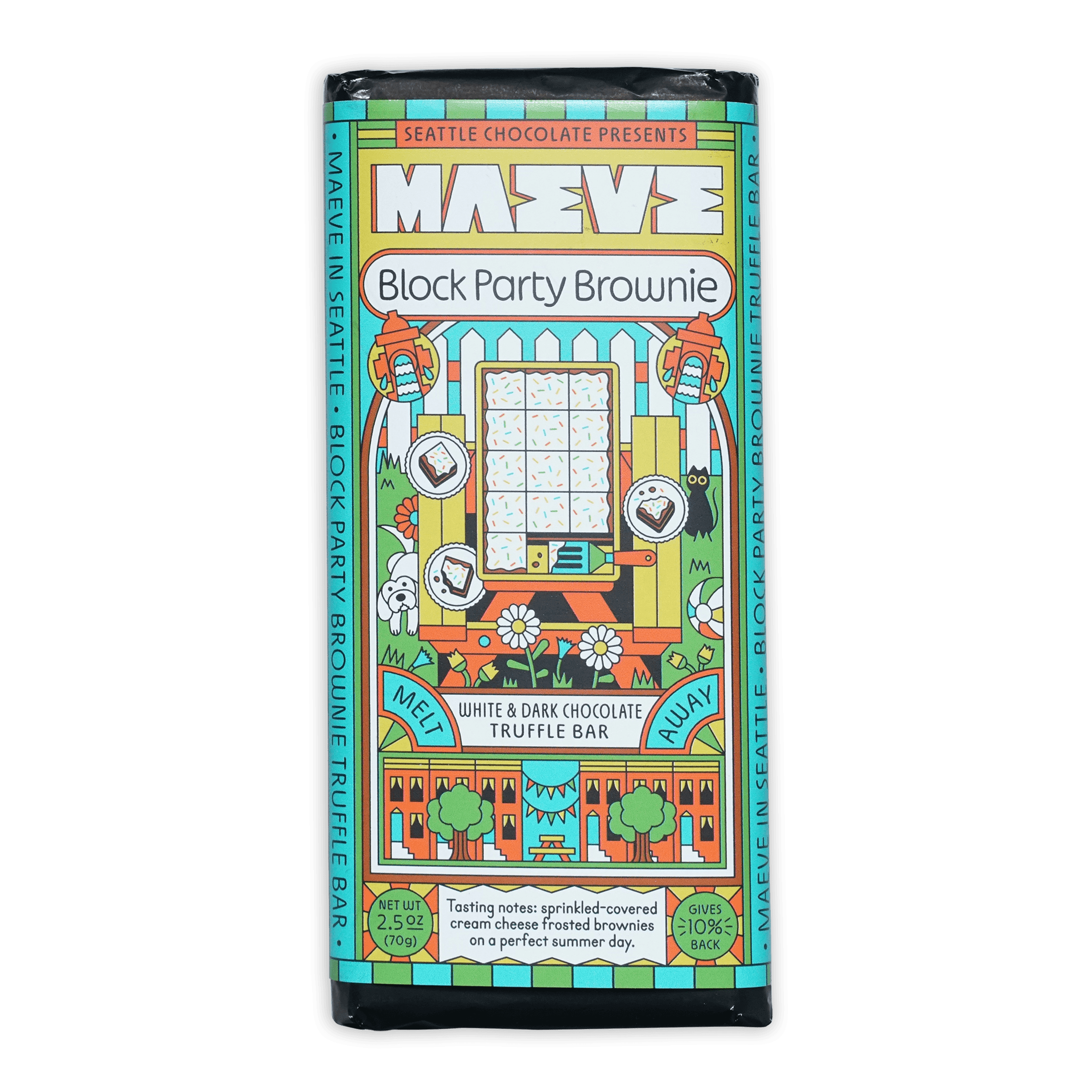 Maeve Block Party Brownie Truffle Bar wrapper illustration