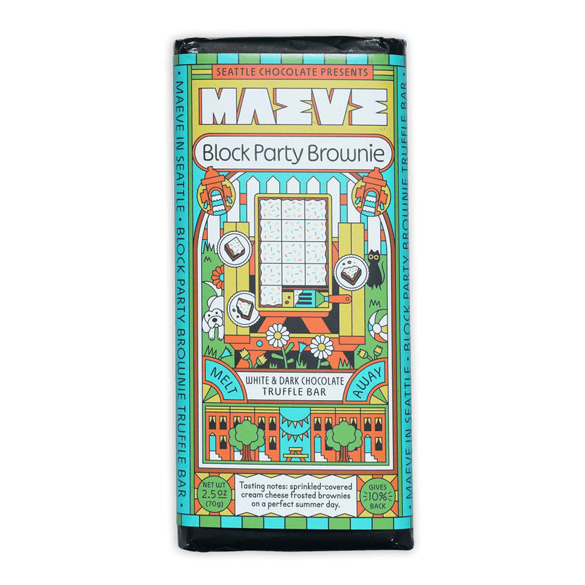 Maeve Block Party Brownie Truffle Bar wrapper illustration