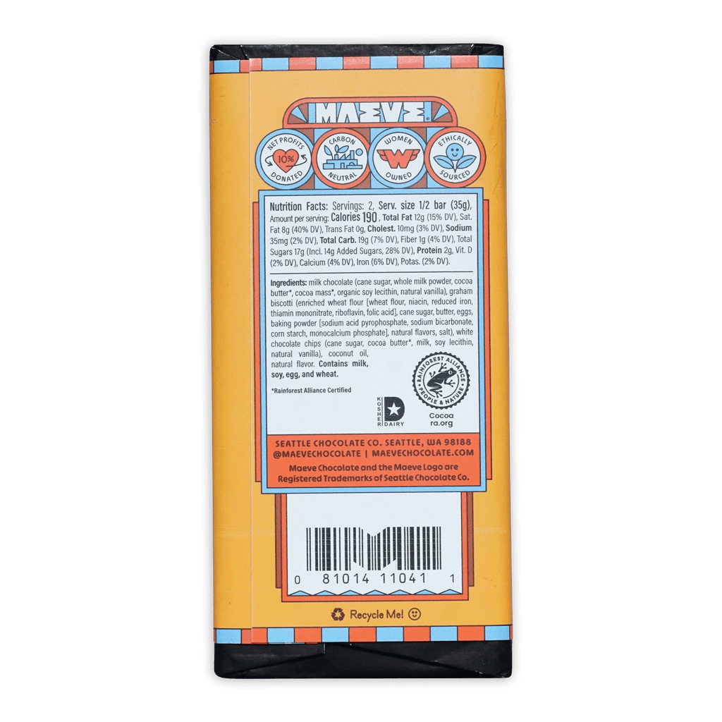 Maeve Cabin S’mores Truffle Bar by Seattle Chocolate Co, orange wrapper