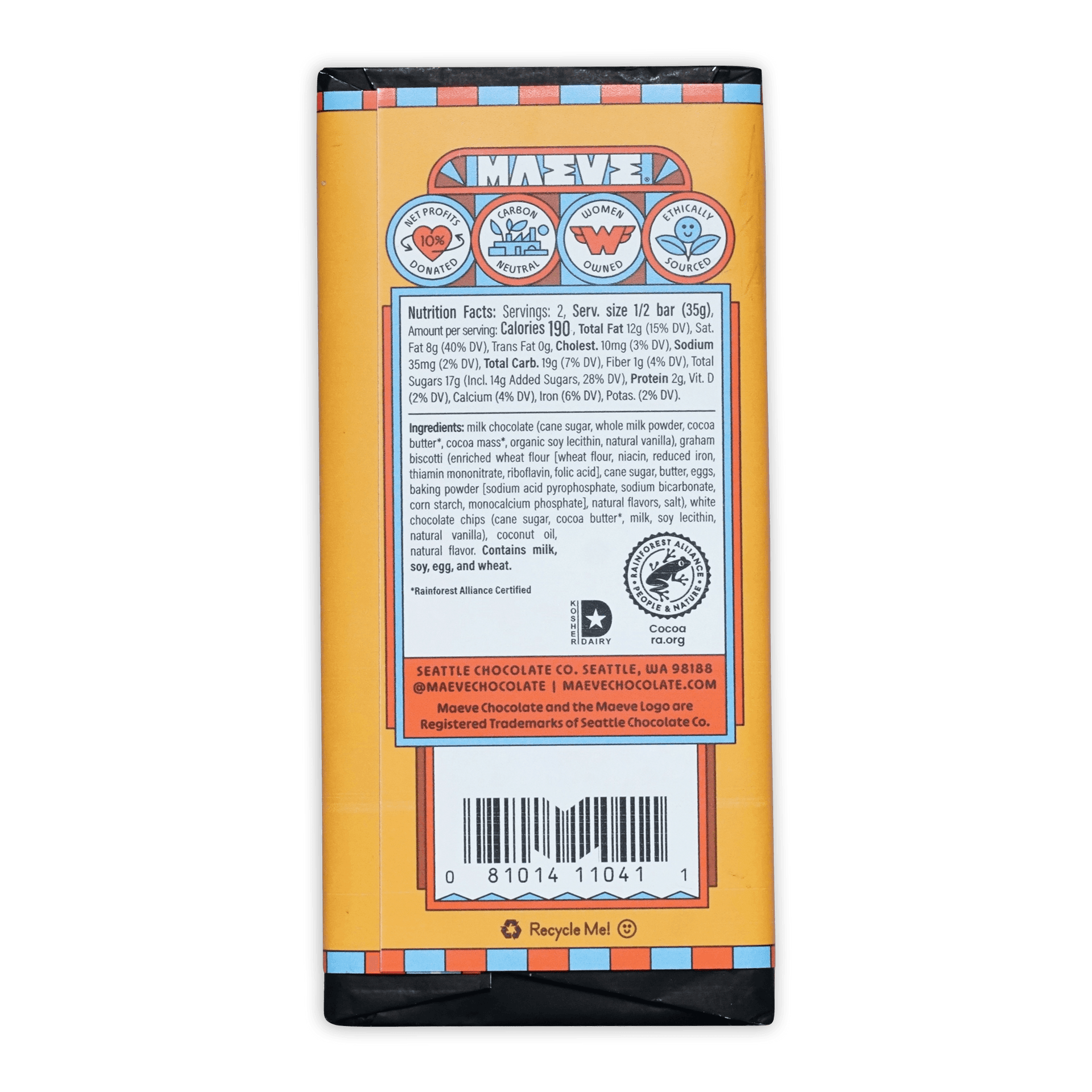 Maeve Cabin S’mores Truffle Bar by Seattle Chocolate Co, orange wrapper