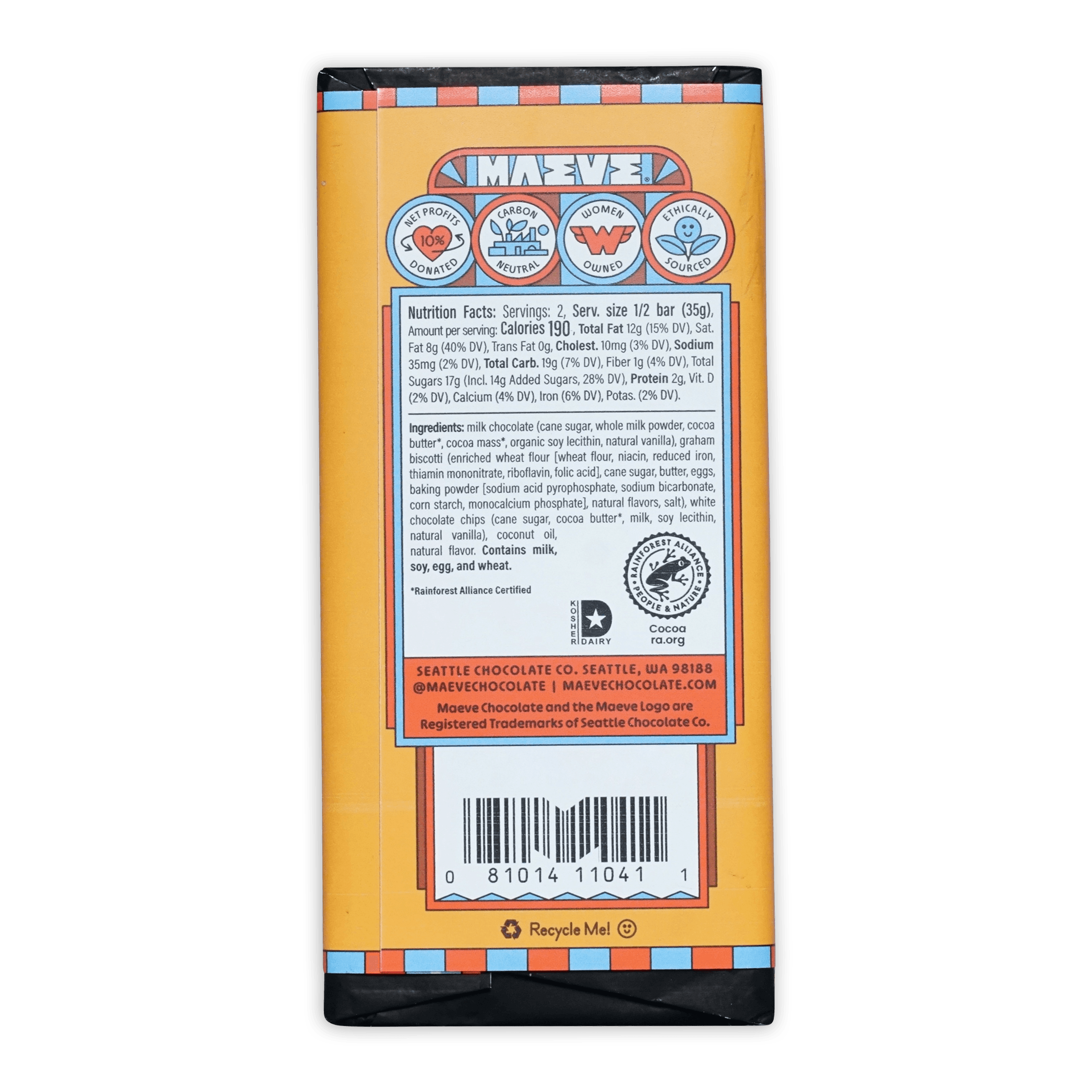Maeve Cabin S’mores Truffle Bar by Seattle Chocolate Co, orange wrapper