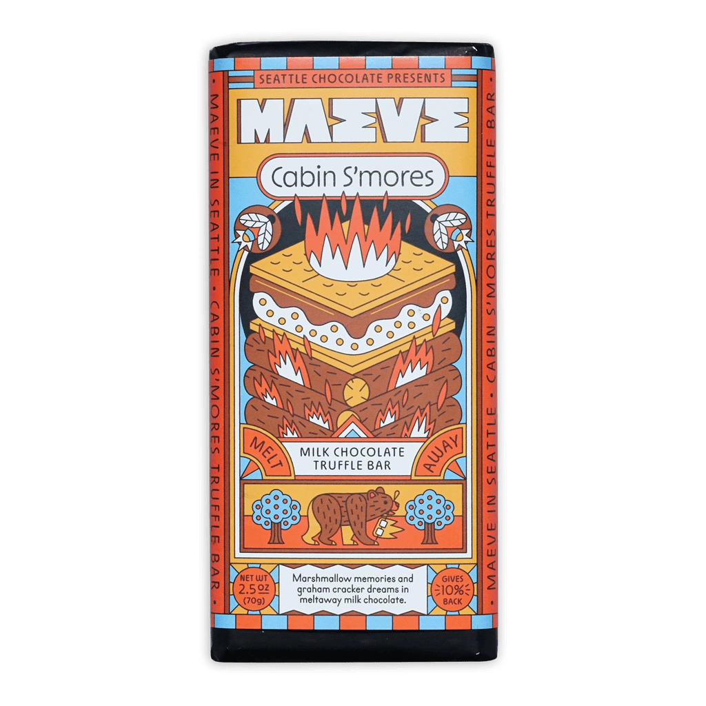 Maeve Cabin S’mores truffle bar with vibrant s’mores packaging