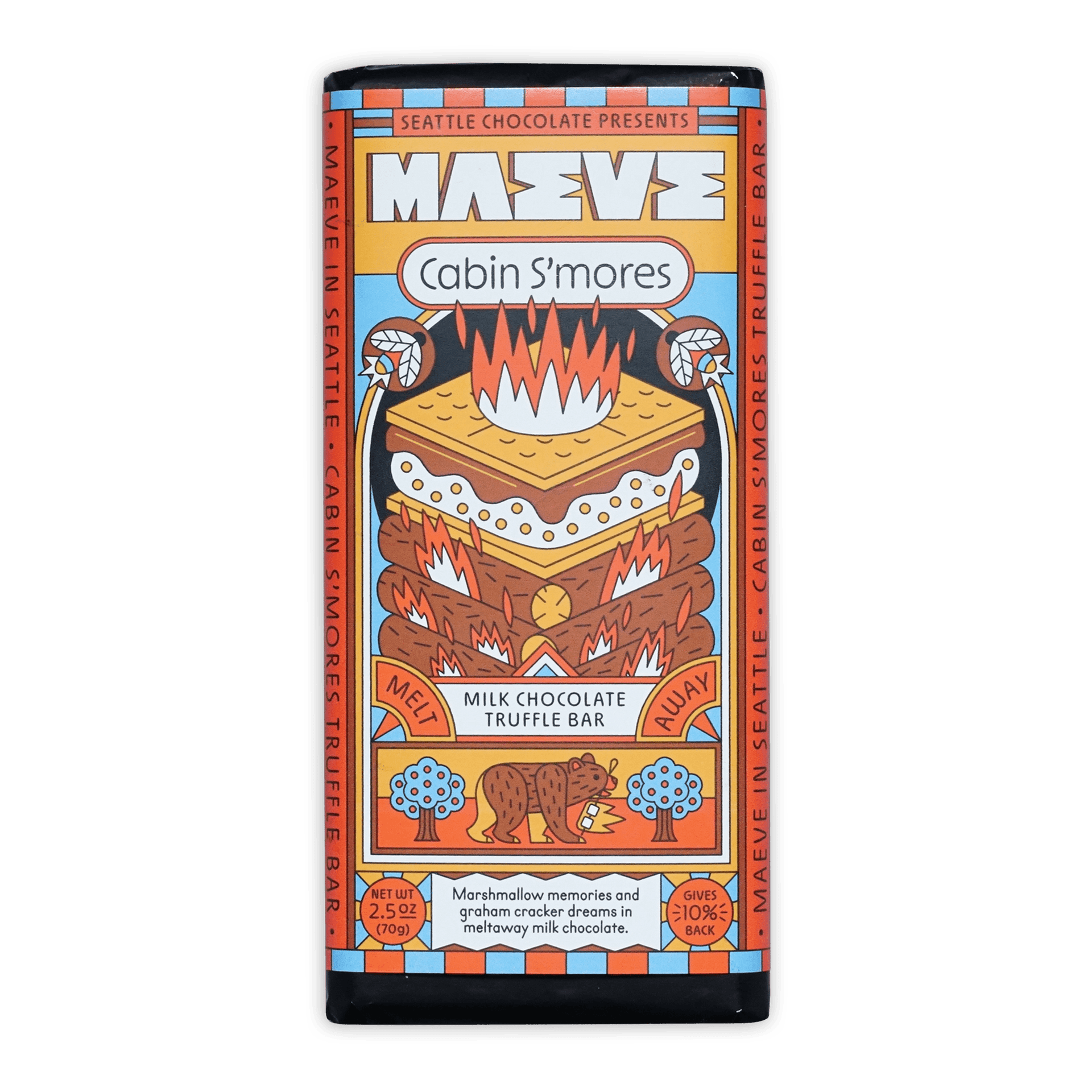 Maeve Cabin S’mores truffle bar with vibrant s’mores packaging