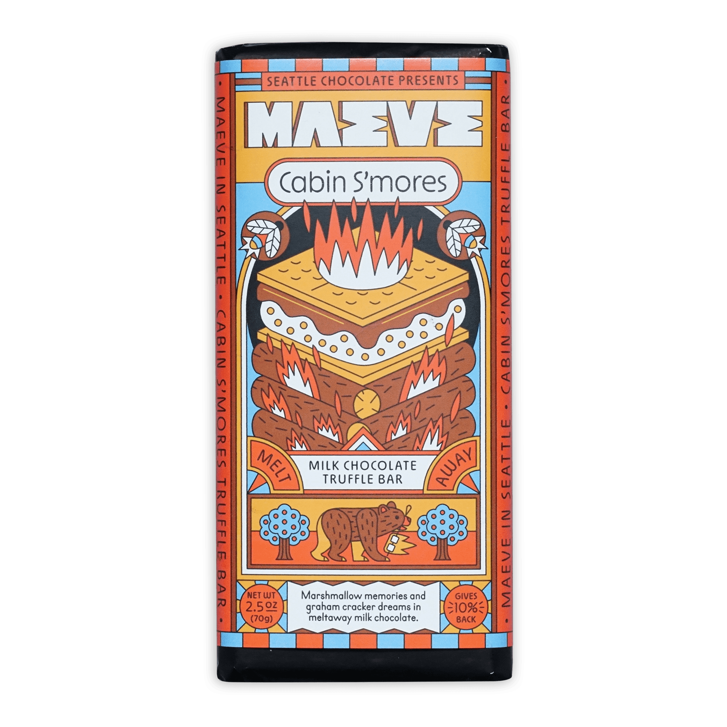 Maeve Cabin S’mores truffle bar with vibrant s’mores packaging