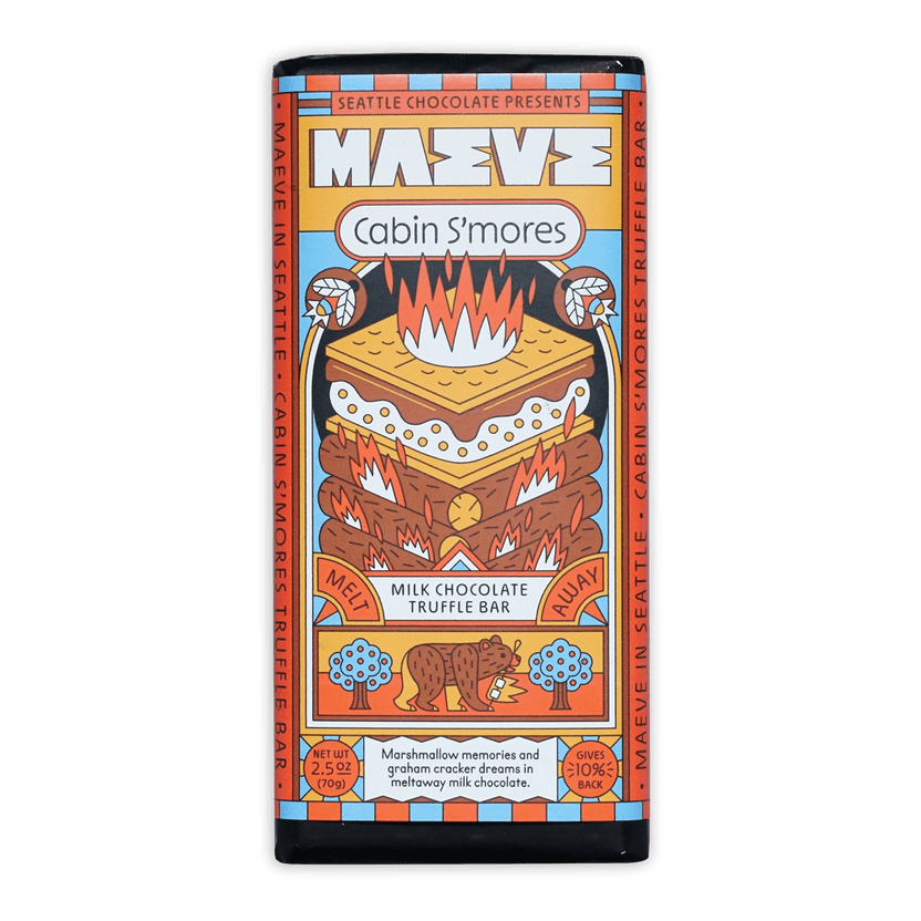 Maeve Cabin S’mores truffle bar with vibrant s’mores packaging