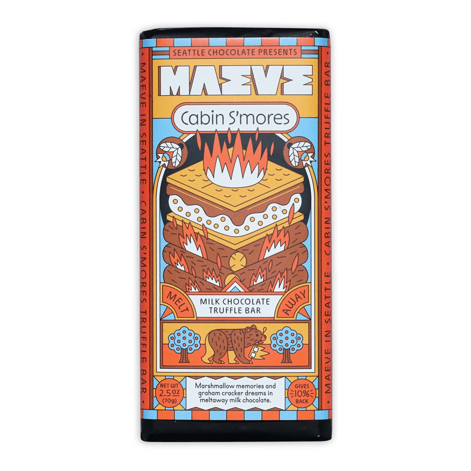 Maeve Cabin S’mores truffle bar with vibrant s’mores packaging