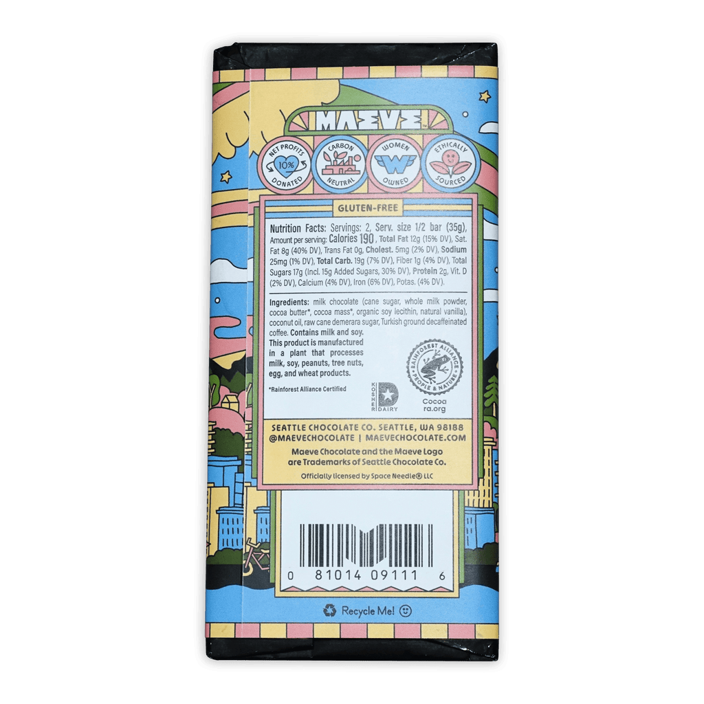 Maeve Cafe Latte Crunch Truffle Bar wrapper with colorful gluten-free cityscape