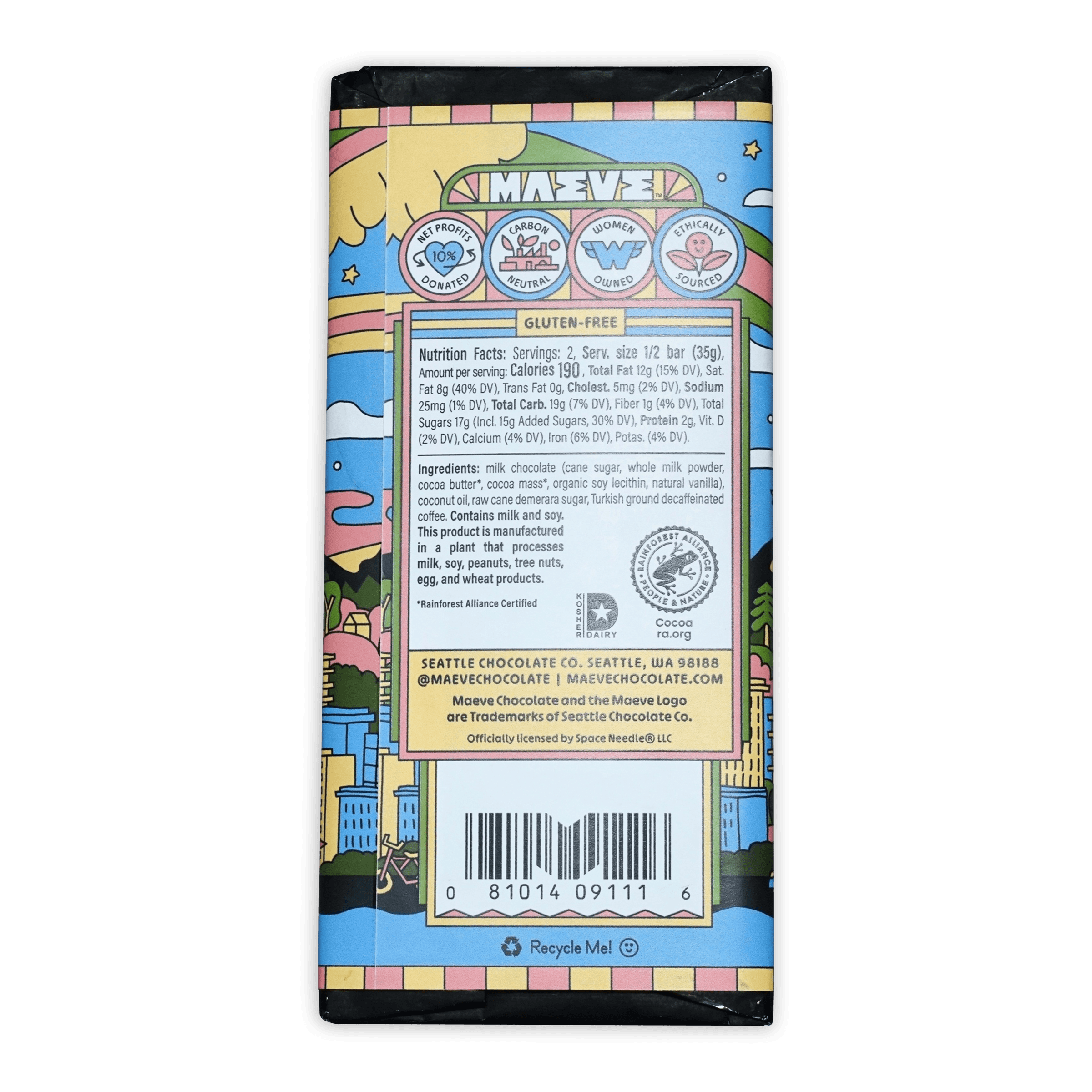 Maeve Cafe Latte Crunch Truffle Bar wrapper with colorful gluten-free cityscape