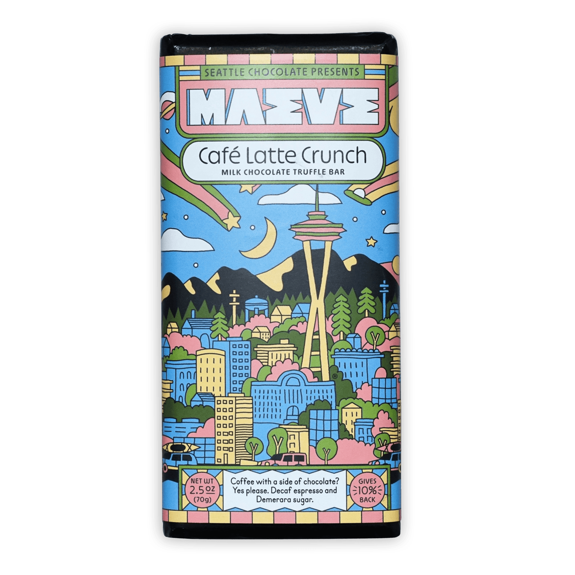 Maeve Cafe Latte Crunch Truffle Bar by Seattle Chocolate, colorful illustrated milk chocolate