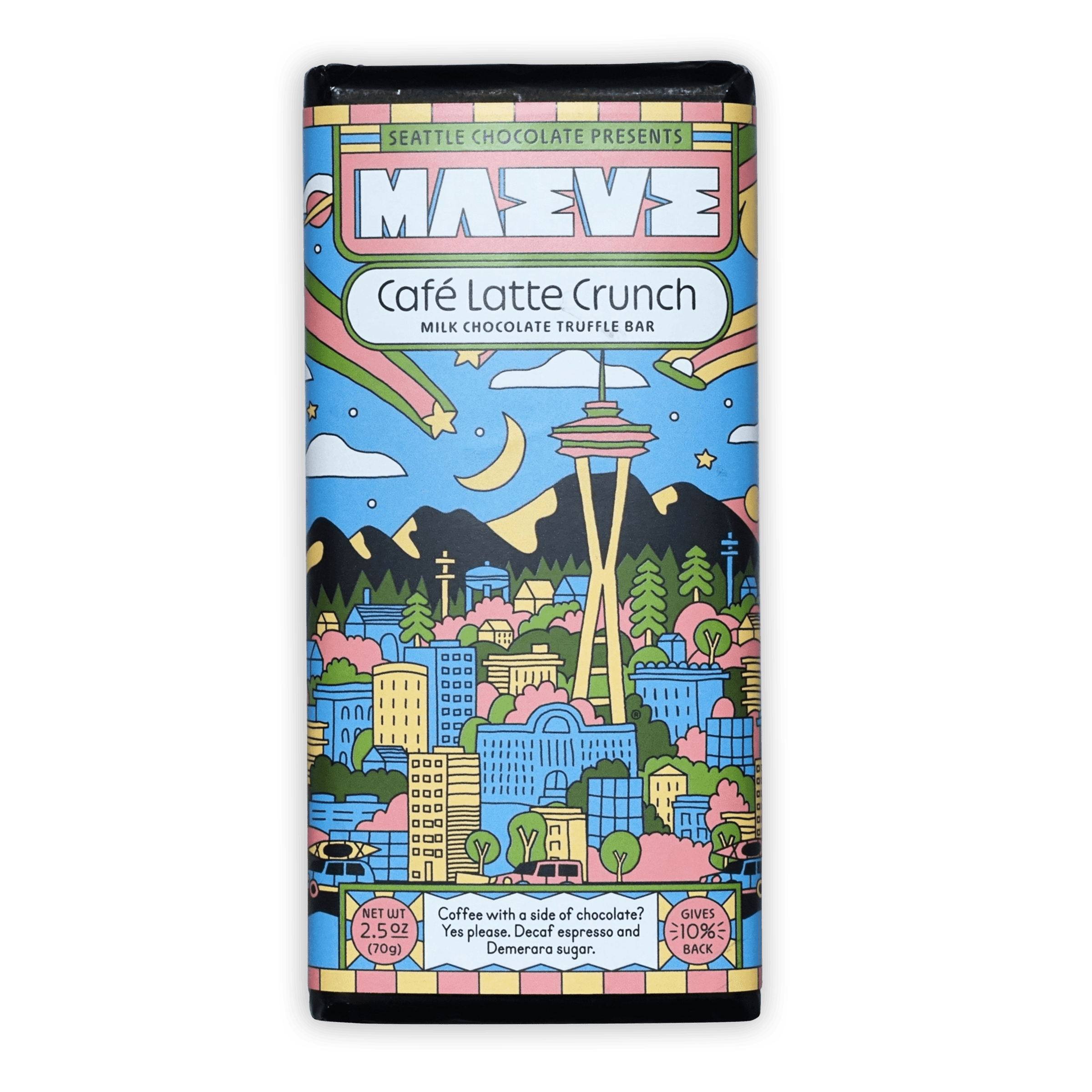 Maeve Cafe Latte Crunch Truffle Bar by Seattle Chocolate, colorful illustrated milk chocolate