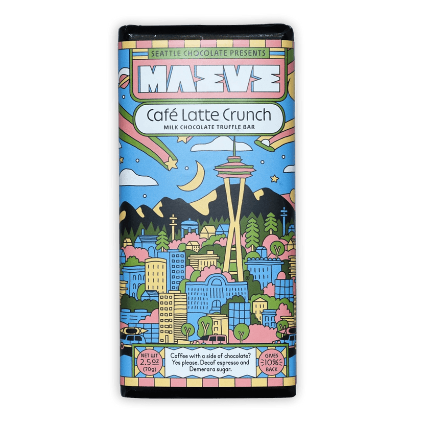 Maeve Cafe Latte Crunch Truffle Bar by Seattle Chocolate, colorful illustrated milk chocolate