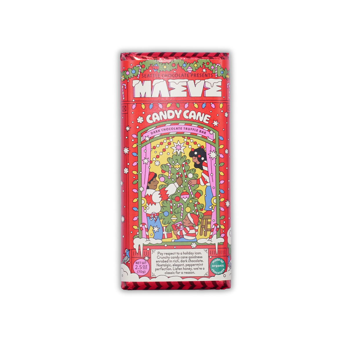 Maeve Candy Cane dark chocolate truffle bar in an illustrated red holiday wrapper on a black background.