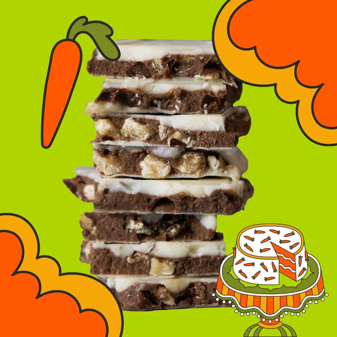 Stack of Maeve 14-Carrot Cake Truffle bark with icing and nuts