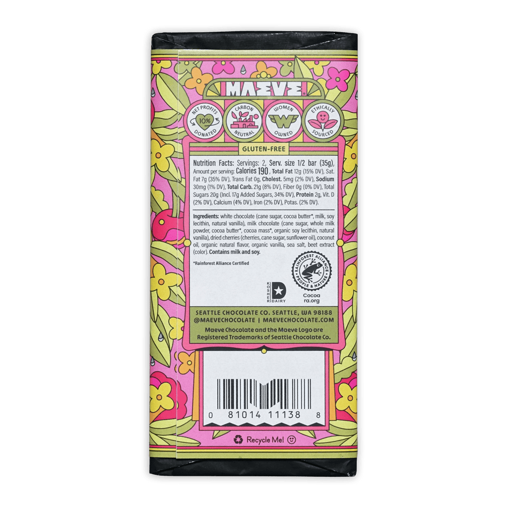 Maeve Cherry Bomb milk and white truffle bar in colorful floral wrapper