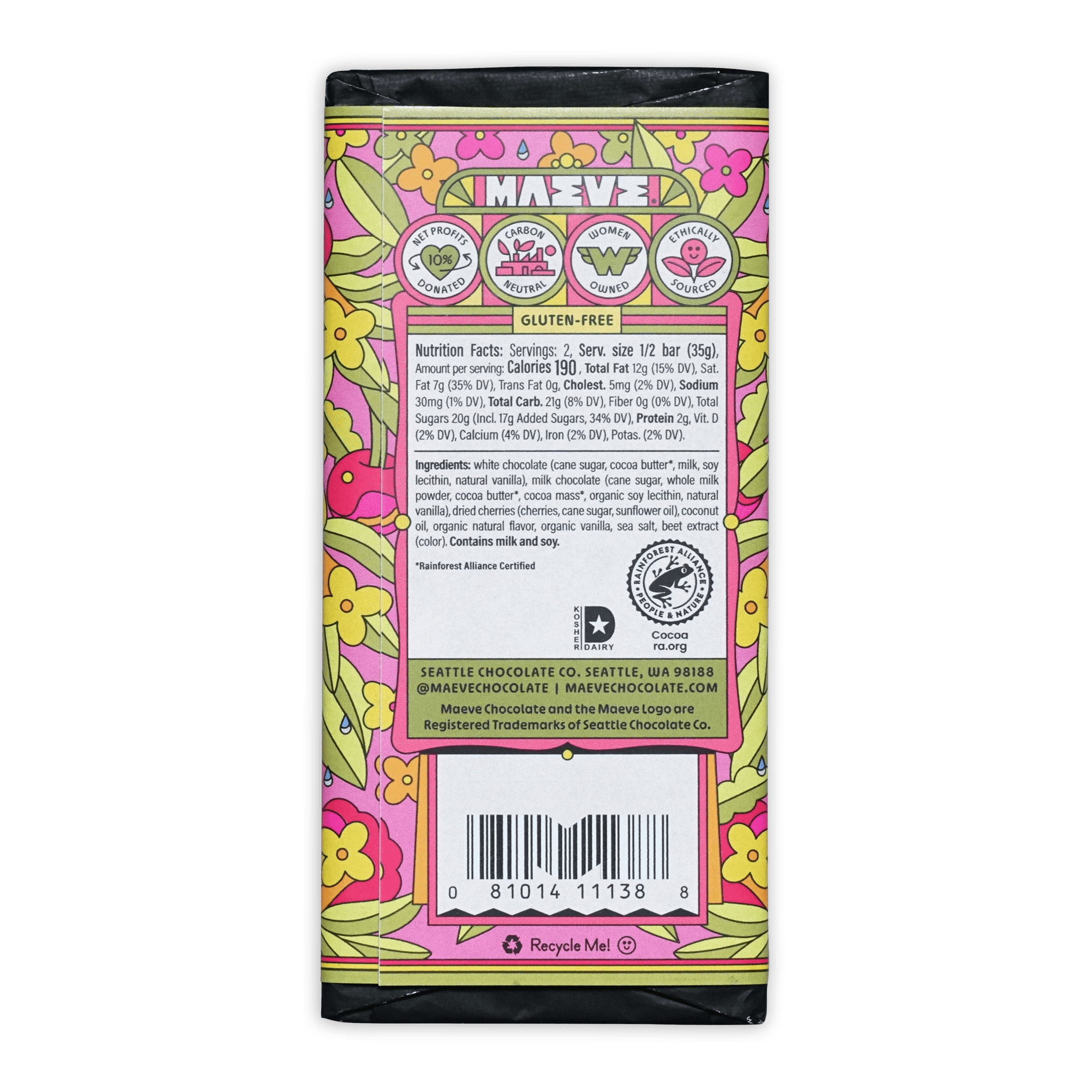 Maeve Cherry Bomb milk and white truffle bar in colorful floral wrapper