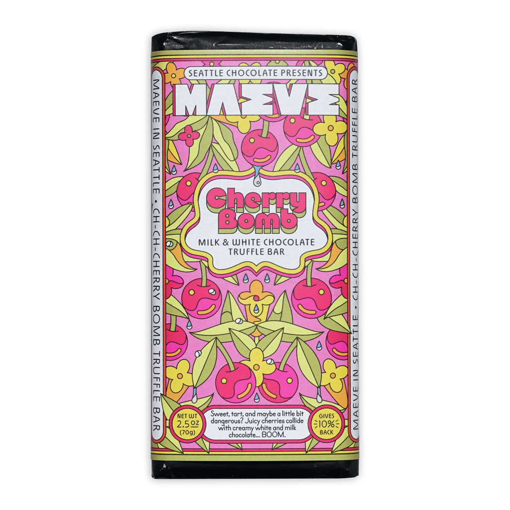 Maeve Cherry Bomb milk and white truffle bar with vibrant pink green cherry design