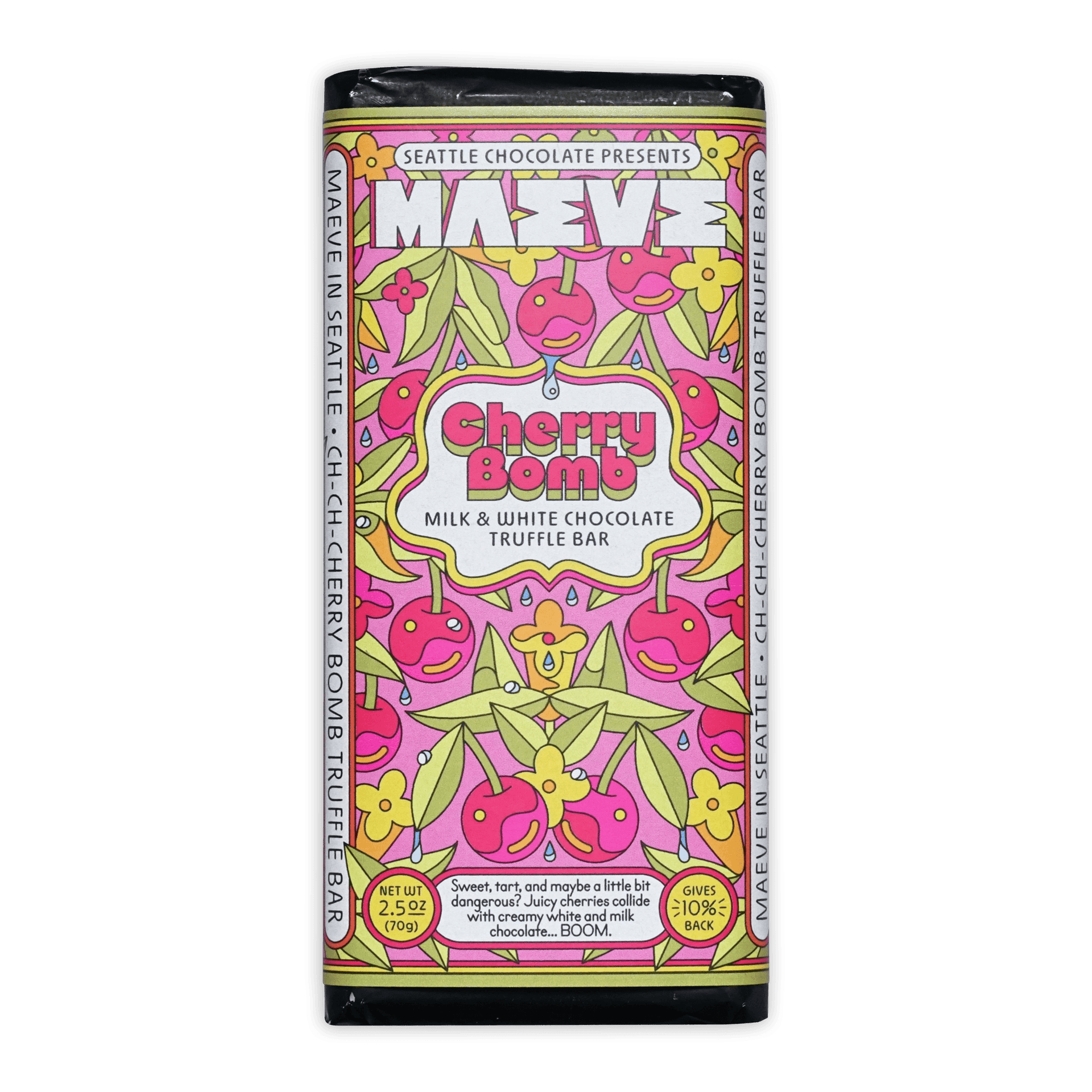 Maeve Cherry Bomb milk and white truffle bar with vibrant pink green cherry design