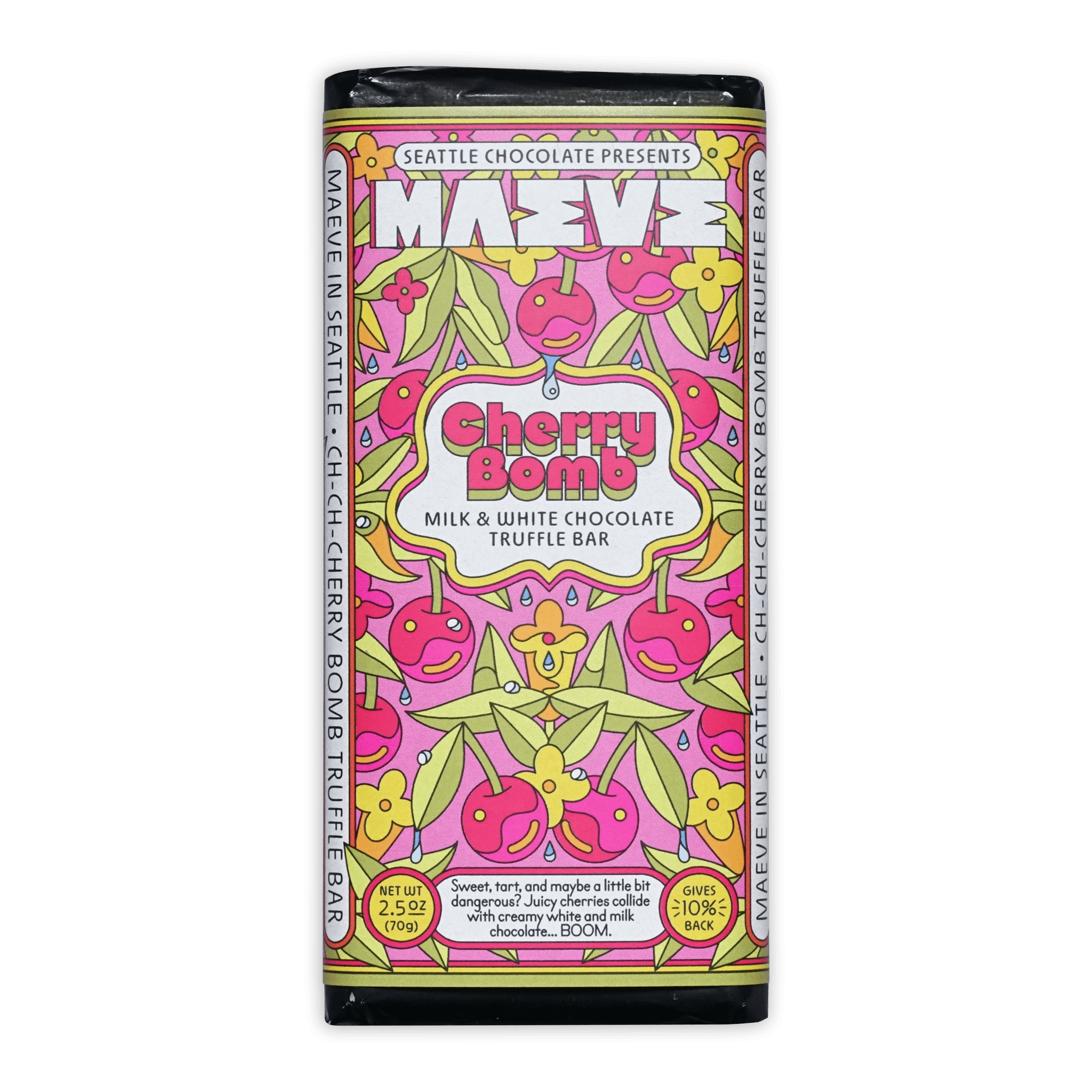 Maeve Cherry Bomb milk and white truffle bar with vibrant pink green cherry design