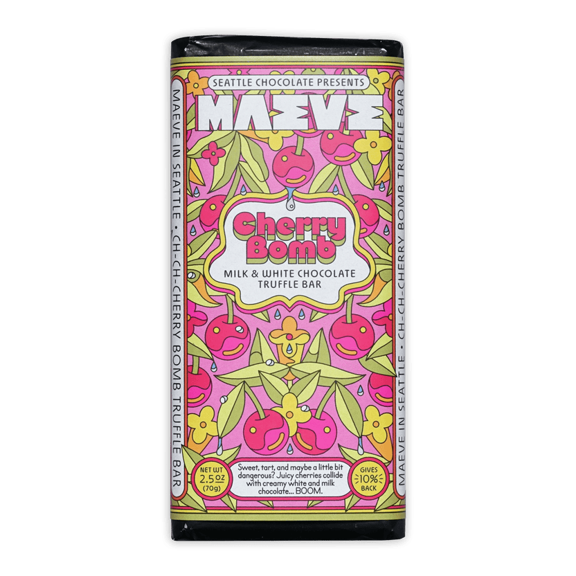 Maeve Cherry Bomb milk and white truffle bar with vibrant pink green cherry design