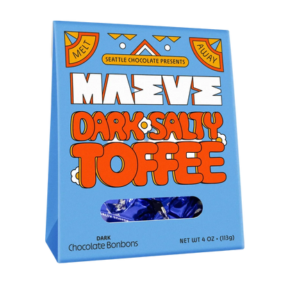 Maeve Dark Salty Toffee Bonbon Box with blue-wrapped chocolates