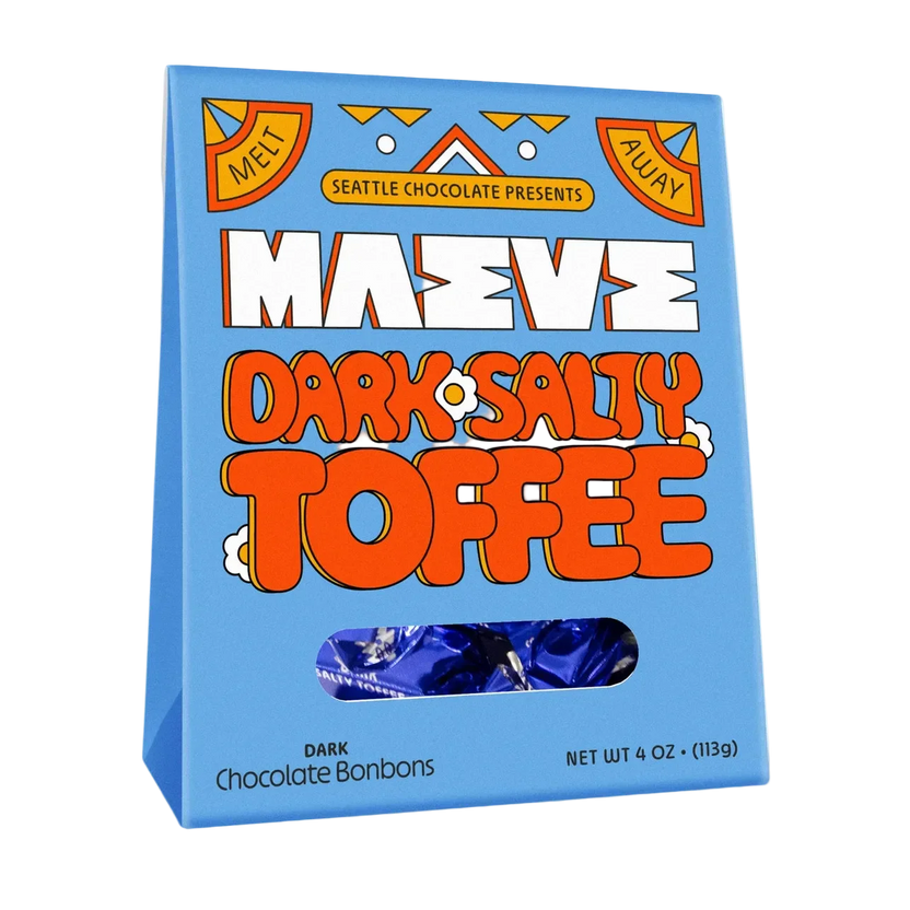 Maeve Dark Salty Toffee Bonbon Box with blue-wrapped chocolates