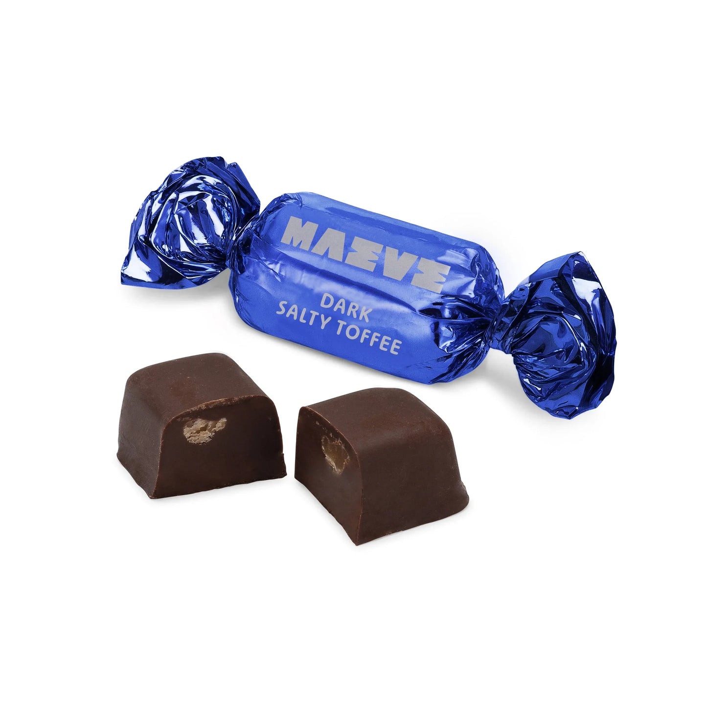 Maeve Dark Salty Toffee Bonbon: wrapped blue foil candy with salted center pieces